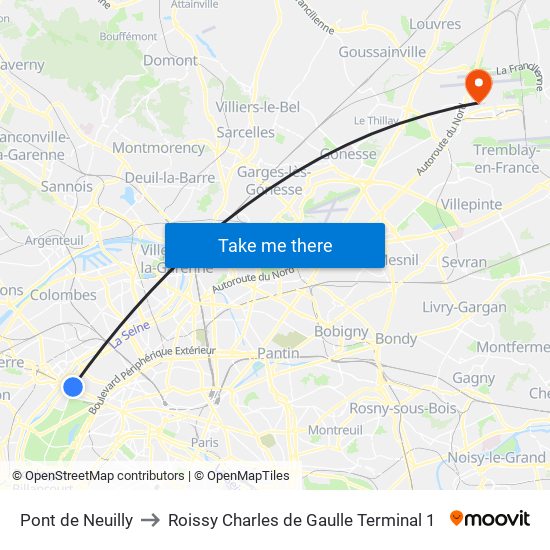 Pont de Neuilly to Roissy Charles de Gaulle Terminal 1 map