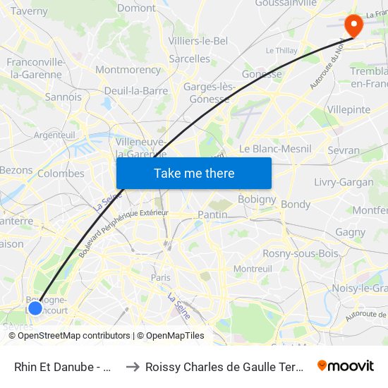 Rhin Et Danube - Métro to Roissy Charles de Gaulle Terminal 1 map