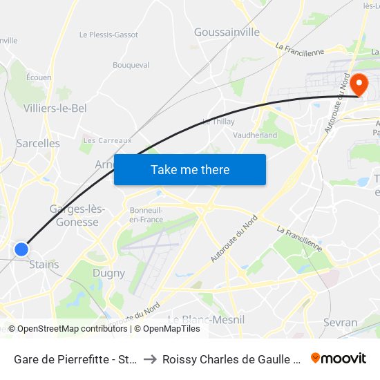 Gare de Pierrefitte - Stains RER to Roissy Charles de Gaulle Terminal 1 map