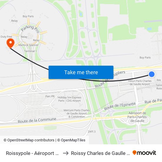 Roissypole - Aéroport Cdg1 (G1) to Roissy Charles de Gaulle Terminal 1 map