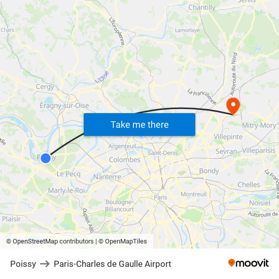 Poissy to Paris-Charles de Gaulle Airport map