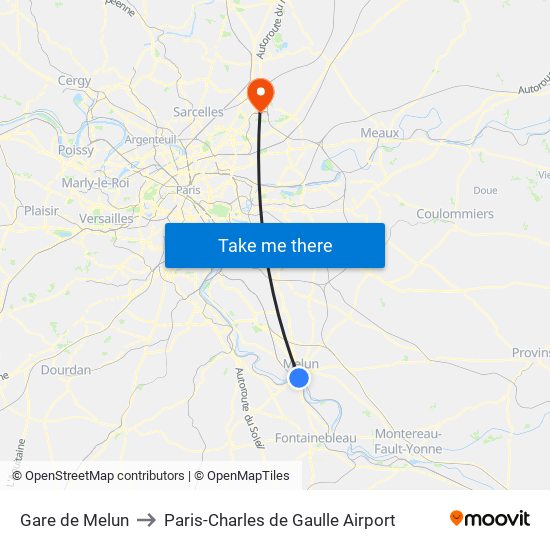 Gare de Melun to Paris-Charles de Gaulle Airport map