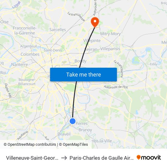 Villeneuve-Saint-Georges to Paris-Charles de Gaulle Airport map