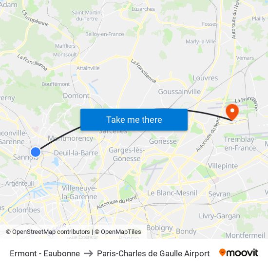 Ermont - Eaubonne to Paris-Charles de Gaulle Airport map