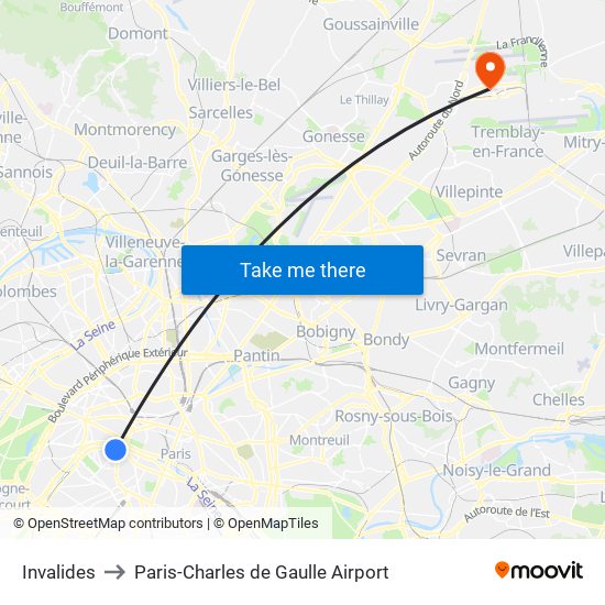Invalides to Paris-Charles de Gaulle Airport map