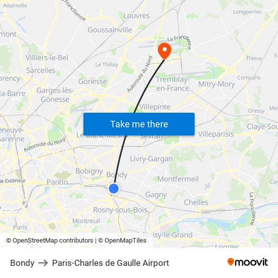 Bondy to Paris-Charles de Gaulle Airport map