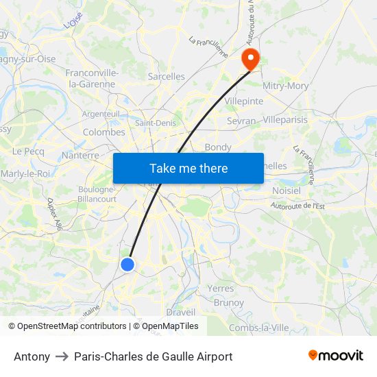 Antony to Paris-Charles de Gaulle Airport map