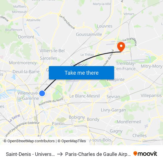 Saint-Denis - Université to Paris-Charles de Gaulle Airport map