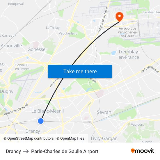 Drancy to Paris-Charles de Gaulle Airport map