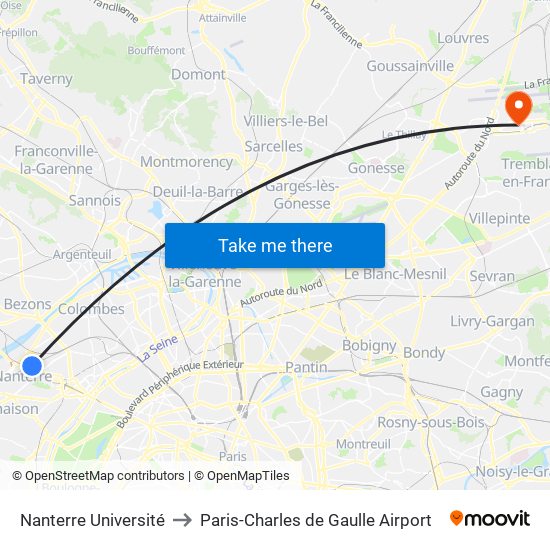 Nanterre Université to Paris-Charles de Gaulle Airport map