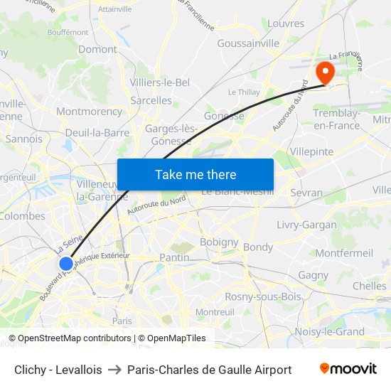 Clichy - Levallois to Paris-Charles de Gaulle Airport map