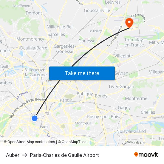 Auber to Paris-Charles de Gaulle Airport map