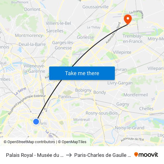 Palais Royal - Musée du Louvre to Paris-Charles de Gaulle Airport map