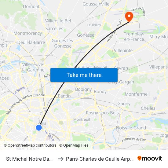 St Michel Notre Dame to Paris-Charles de Gaulle Airport map