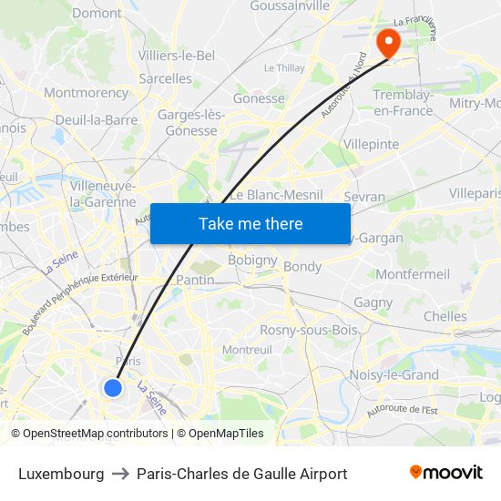 Luxembourg to Paris-Charles de Gaulle Airport map