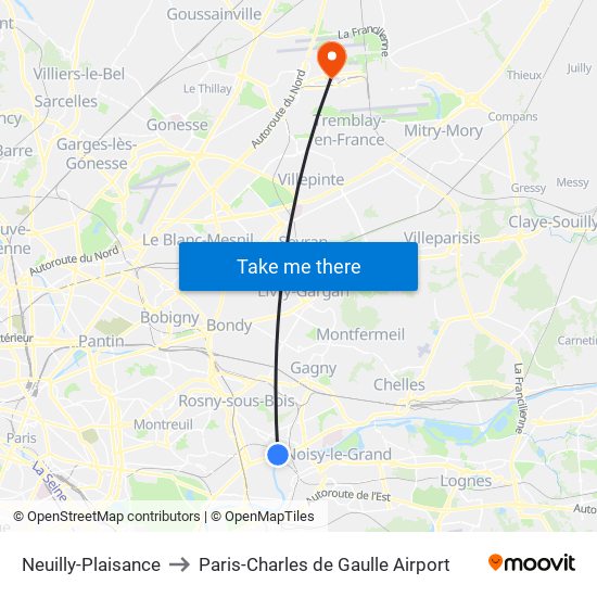 Neuilly-Plaisance to Paris-Charles de Gaulle Airport map