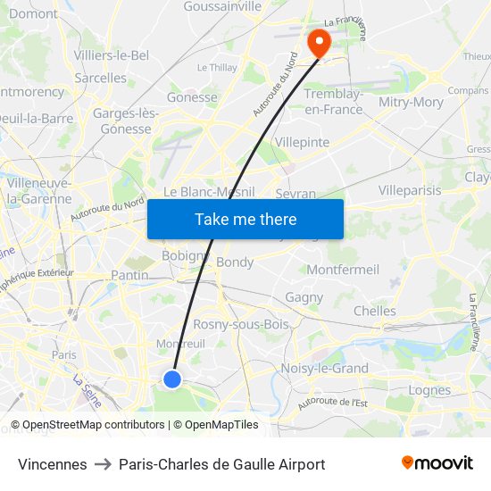 Vincennes to Paris-Charles de Gaulle Airport map