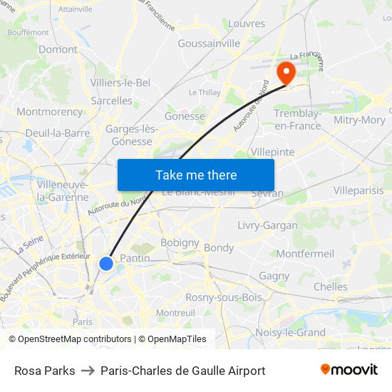 Rosa Parks to Paris-Charles de Gaulle Airport map