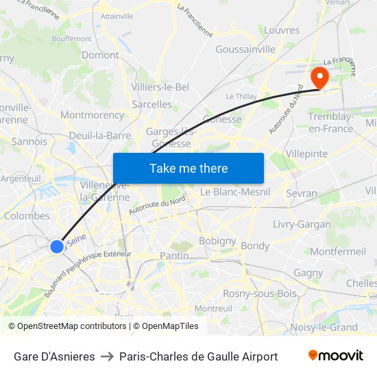 Gare D'Asnieres to Paris-Charles de Gaulle Airport map