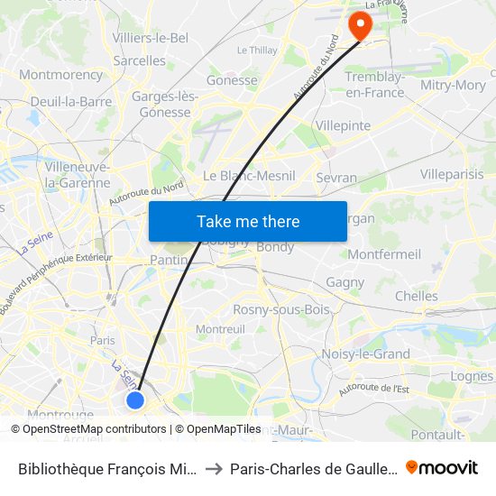 Bibliothèque François Mitterrand to Paris-Charles de Gaulle Airport map