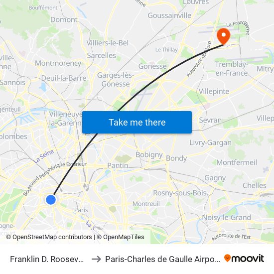 Franklin D. Roosevelt to Paris-Charles de Gaulle Airport map