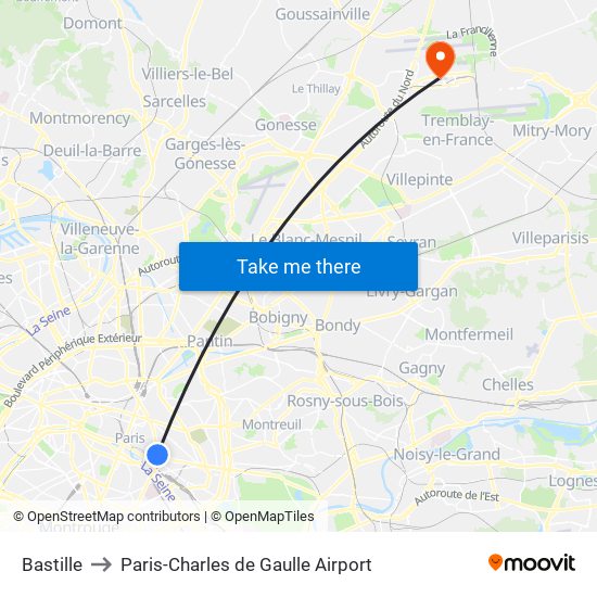 Bastille to Paris-Charles de Gaulle Airport map