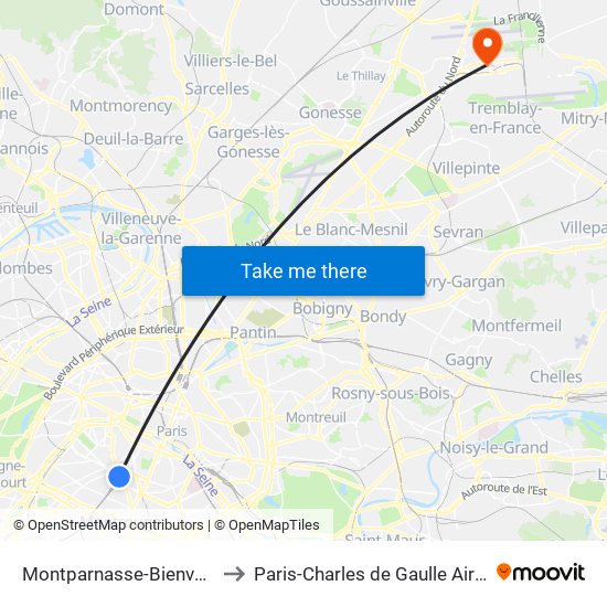 Montparnasse-Bienvenue to Paris-Charles de Gaulle Airport map