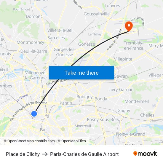 Place de Clichy to Paris-Charles de Gaulle Airport map
