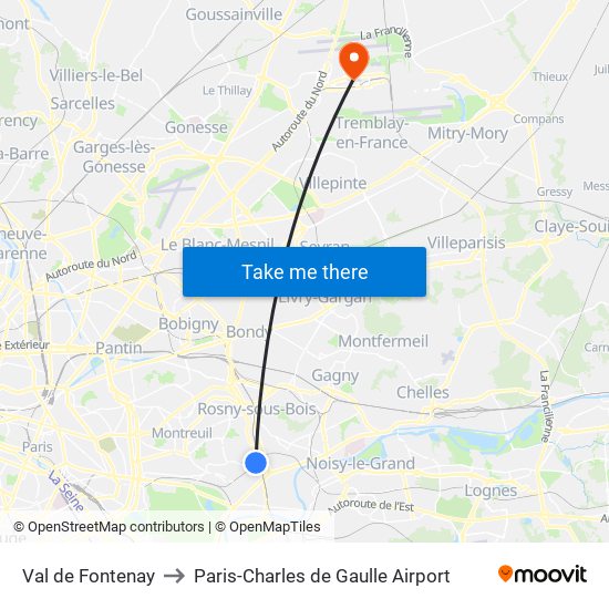Val de Fontenay to Paris-Charles de Gaulle Airport map