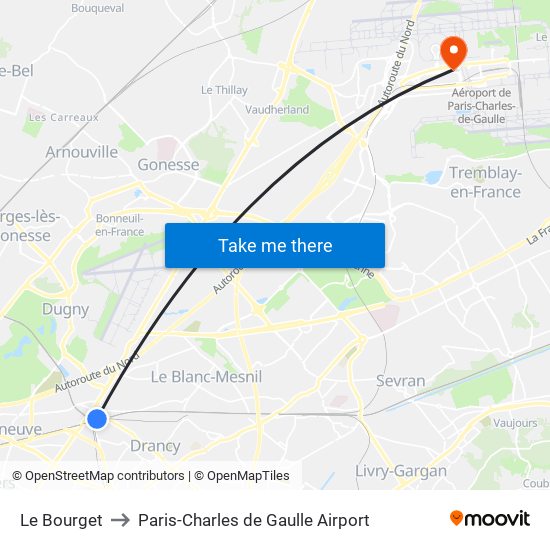 Le Bourget to Paris-Charles de Gaulle Airport map