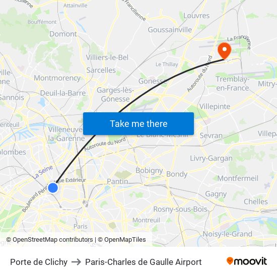 Porte de Clichy to Paris-Charles de Gaulle Airport map