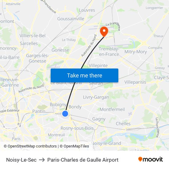 Noisy-Le-Sec to Paris-Charles de Gaulle Airport map