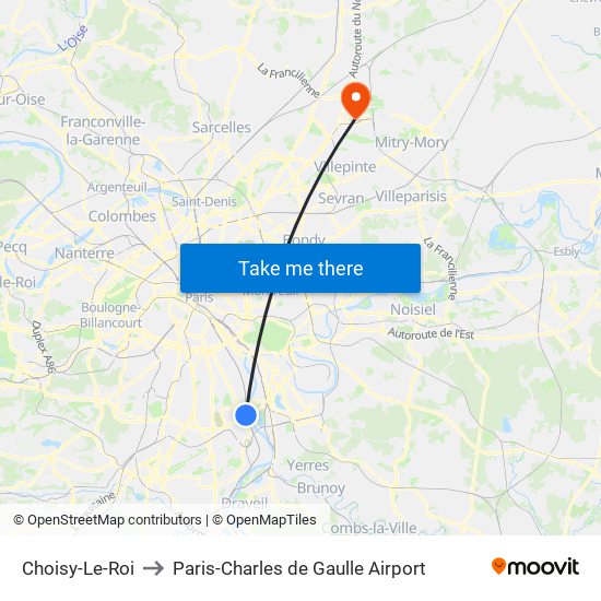 Choisy-Le-Roi to Paris-Charles de Gaulle Airport map