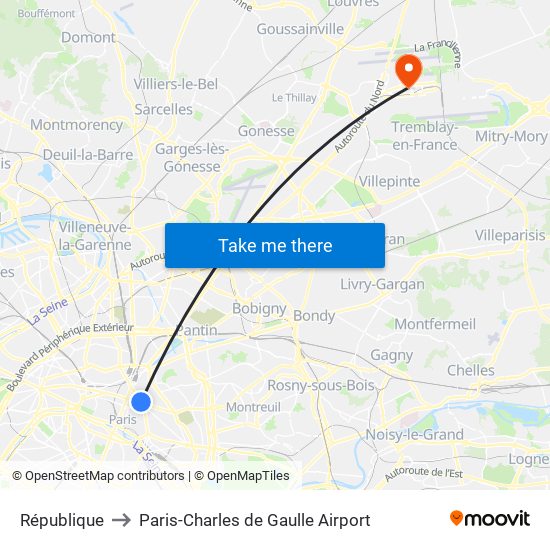 République to Paris-Charles de Gaulle Airport map