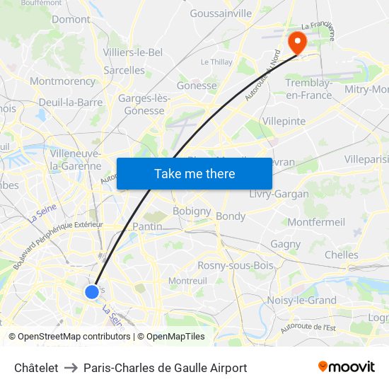 Châtelet to Paris-Charles de Gaulle Airport map