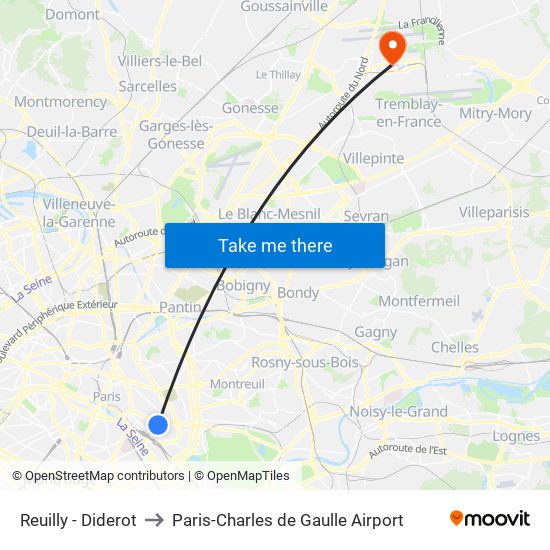 Reuilly - Diderot to Paris-Charles de Gaulle Airport map