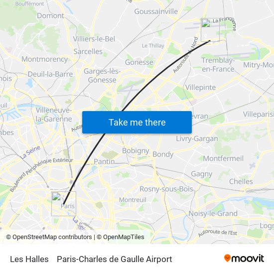 Les Halles to Paris-Charles de Gaulle Airport map
