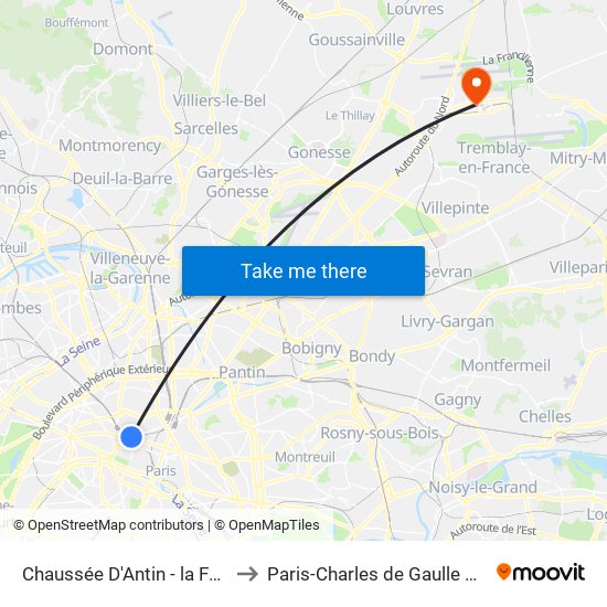 Chaussée D'Antin - la Fayette to Paris-Charles de Gaulle Airport map