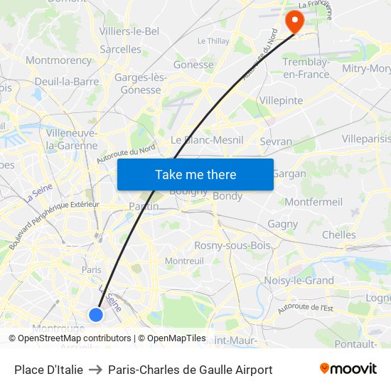 Place D'Italie to Paris-Charles de Gaulle Airport map
