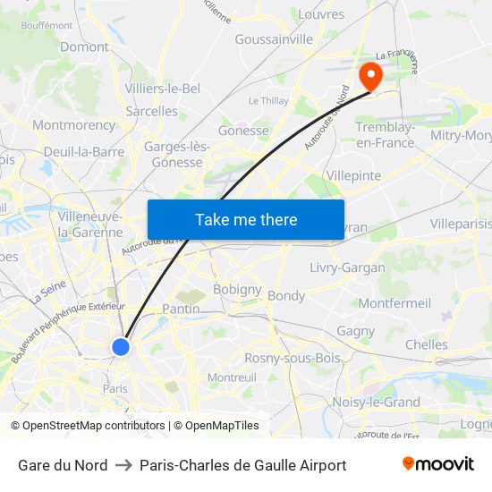 Gare du Nord to Paris-Charles de Gaulle Airport map