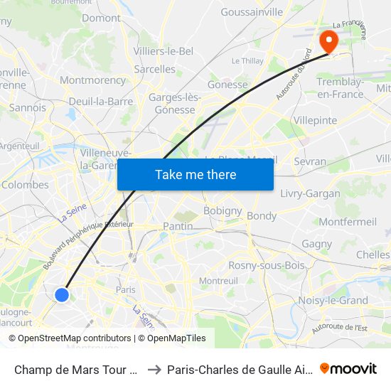 Champ de Mars Tour Eiffel to Paris-Charles de Gaulle Airport map