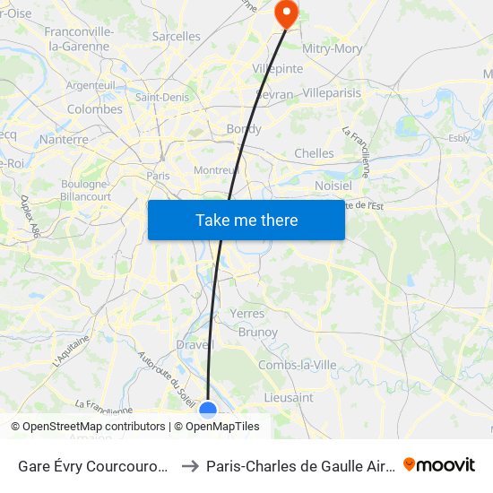 Gare Évry Courcouronnes to Paris-Charles de Gaulle Airport map