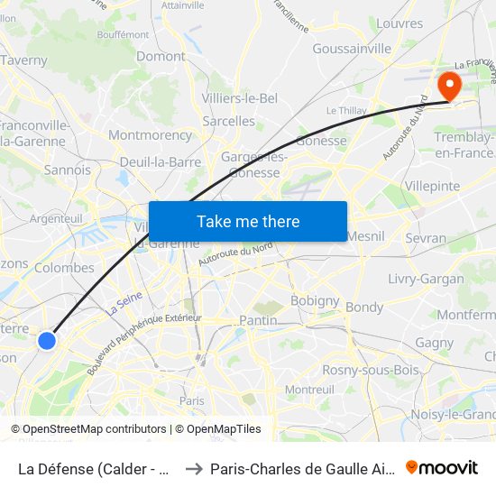 La Défense (Calder - Miro) to Paris-Charles de Gaulle Airport map