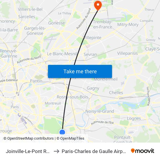 Joinville-Le-Pont RER to Paris-Charles de Gaulle Airport map