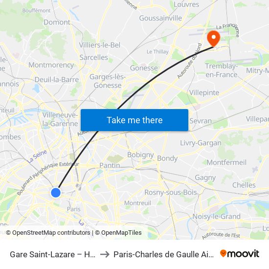 Gare Saint-Lazare – Havre to Paris-Charles de Gaulle Airport map