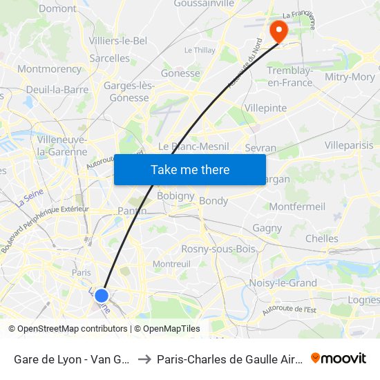 Gare de Lyon - Van Gogh to Paris-Charles de Gaulle Airport map