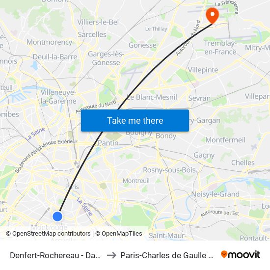 Denfert-Rochereau - Daguerre to Paris-Charles de Gaulle Airport map