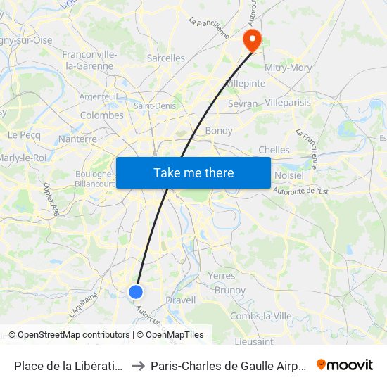 Place de la Libération to Paris-Charles de Gaulle Airport map