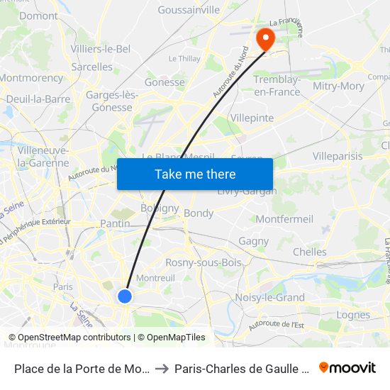 Place de la Porte de Montreuil to Paris-Charles de Gaulle Airport map