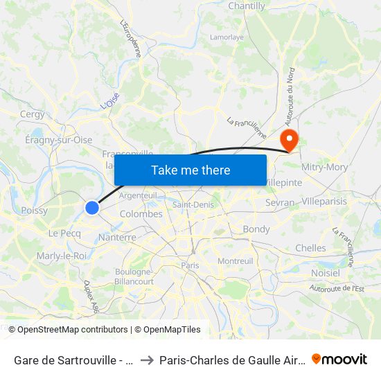 Gare de Sartrouville - RER to Paris-Charles de Gaulle Airport map